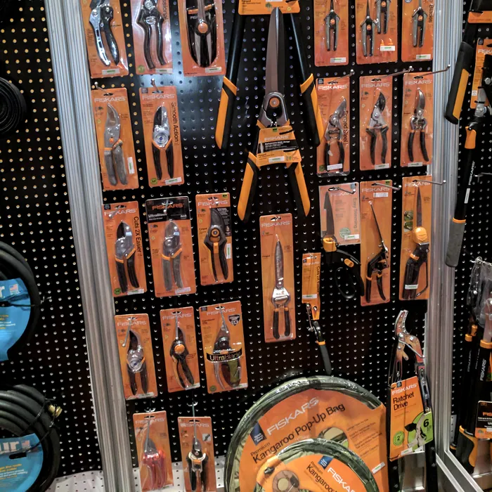 Fiskars pruners and garden hand tools wall display